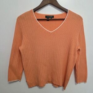 Lauren Ralph Lauren Cable Knit Sweater Women's Petite Large Peach White Trim